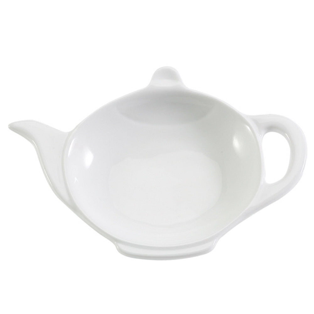 A white porcelain tea bag holder designed to resemble a small teapot.