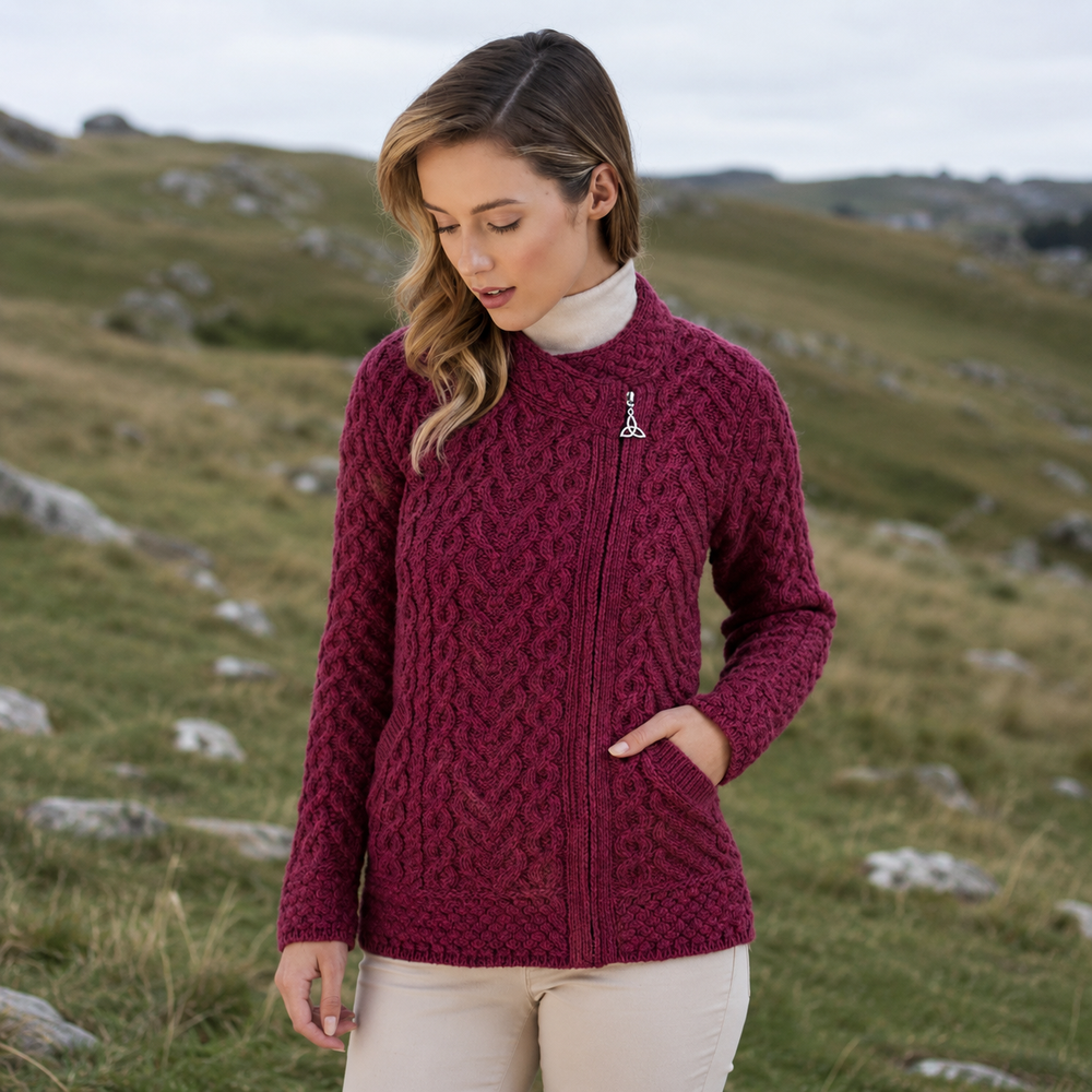 Aran Irish Women's Side Zip Heart Design Cardigan - Magenta (X4884)