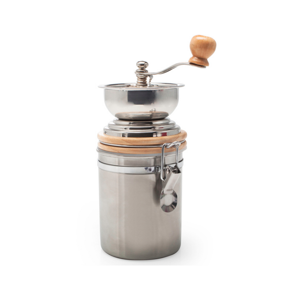 Adjustable coffee grinder with a storage canister, featuring a stainless steel body, carbon steel grinding mechanism, and a wooden handle.
