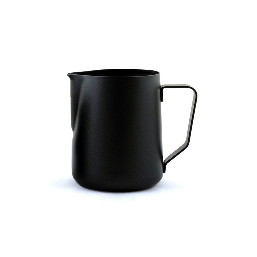 A black stainless steel latté milk pitcher with a tapered spout and handle, designed for creating froth or steamed milk for coffee drinks.