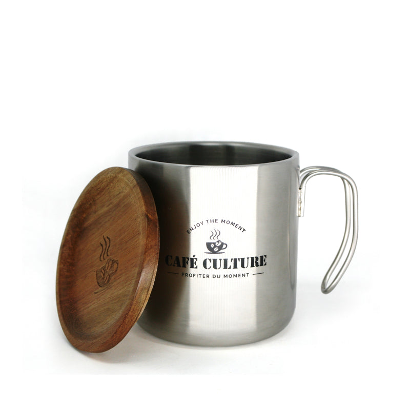 A silver stainless steel double walled mug with a rustic acacia wood lid and wire handle, featuring the brand 'CAFÉ CULTURE' printed on the side.
