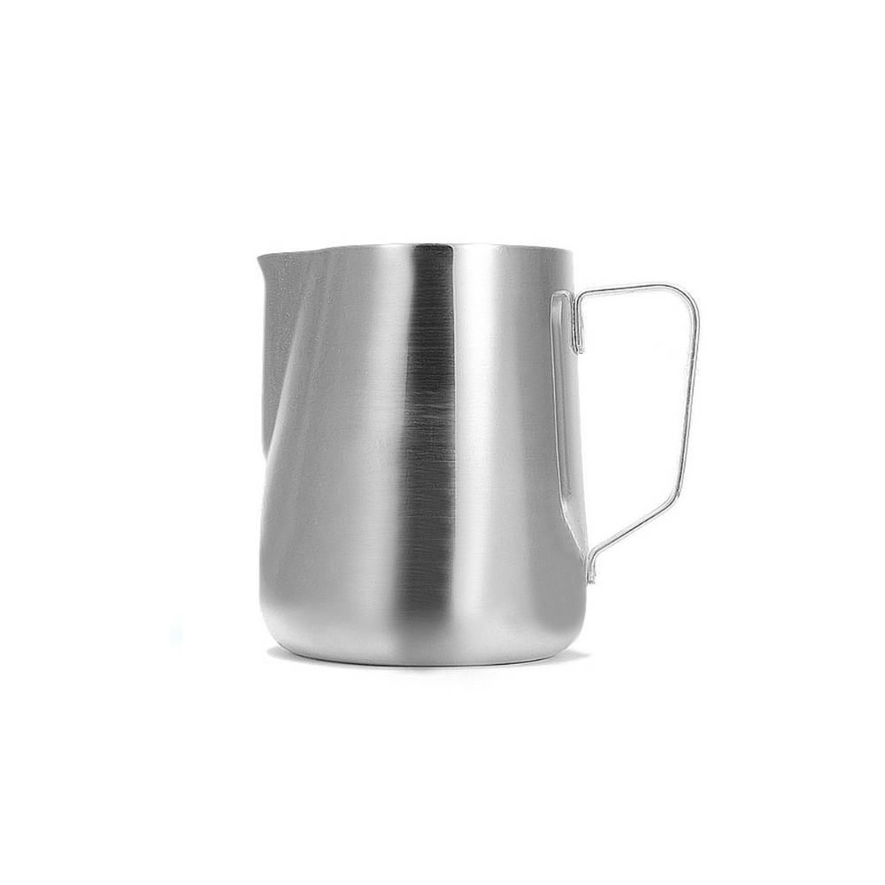 Stainless steel latté milk pitcher with a tapered spout and handle, isolated on a white background.