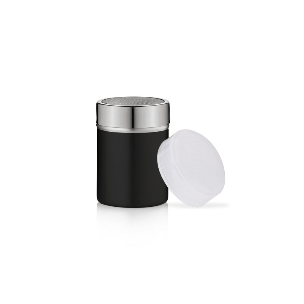 A black mesh top shaker with a stainless steel top and a plastic cover, designed for sprinkling powdered substances over beverages.