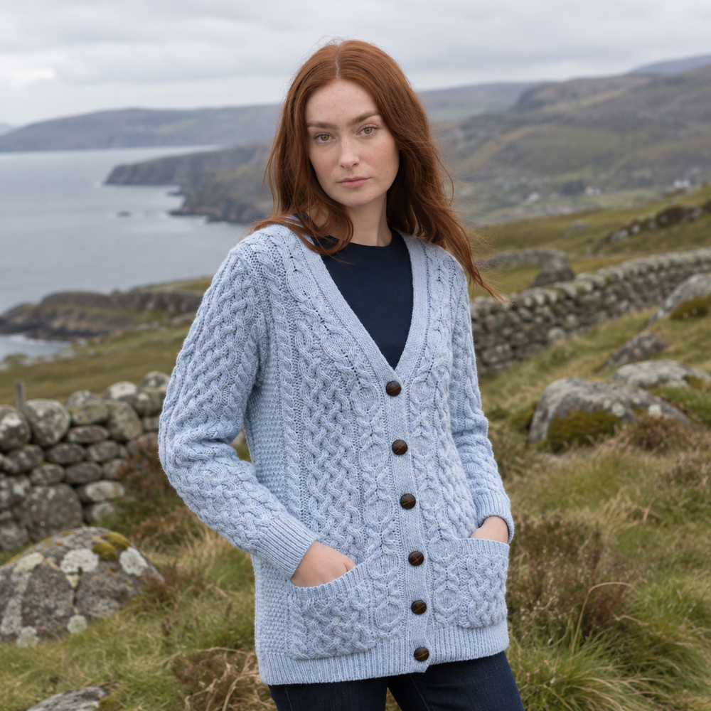 Aran Irish Women's Boyfriend Cardigan - Ice Marl (X4241)
