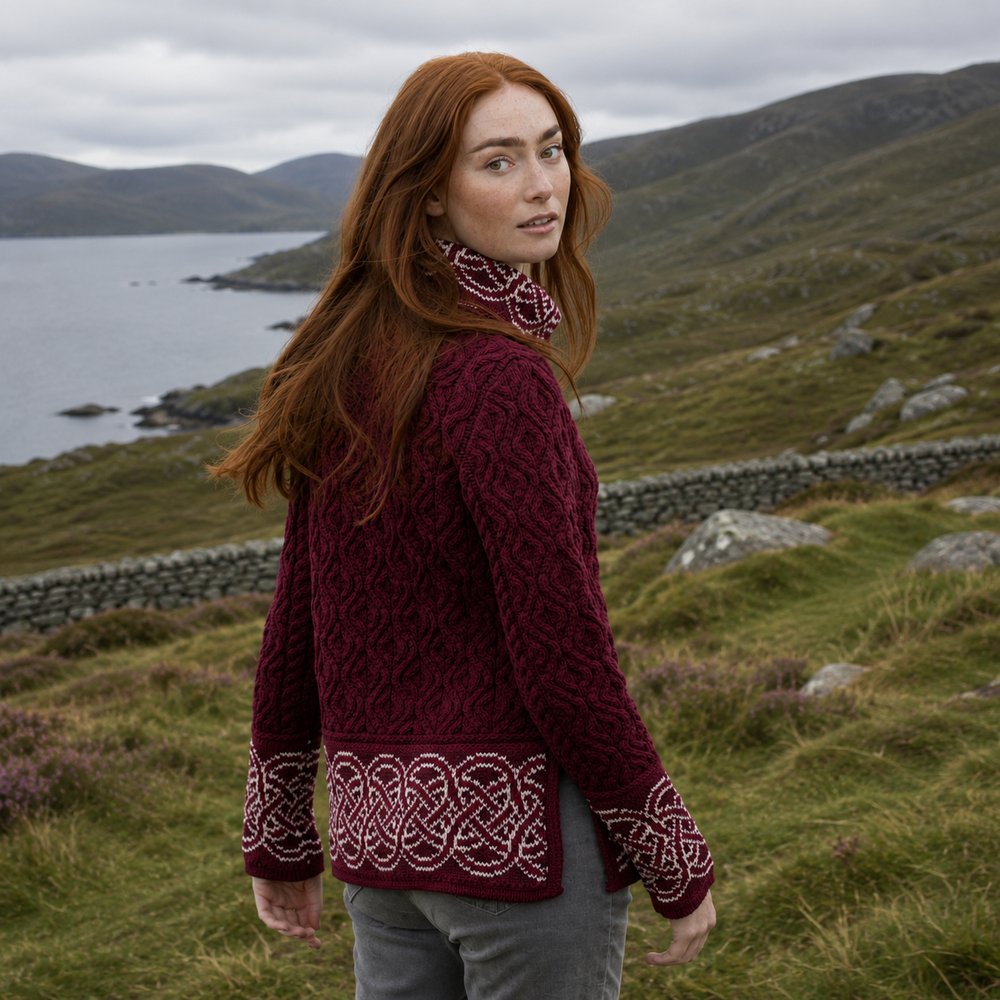 Aran Irish Celtic Cowl Neck Sweater - Wine (R5337)
