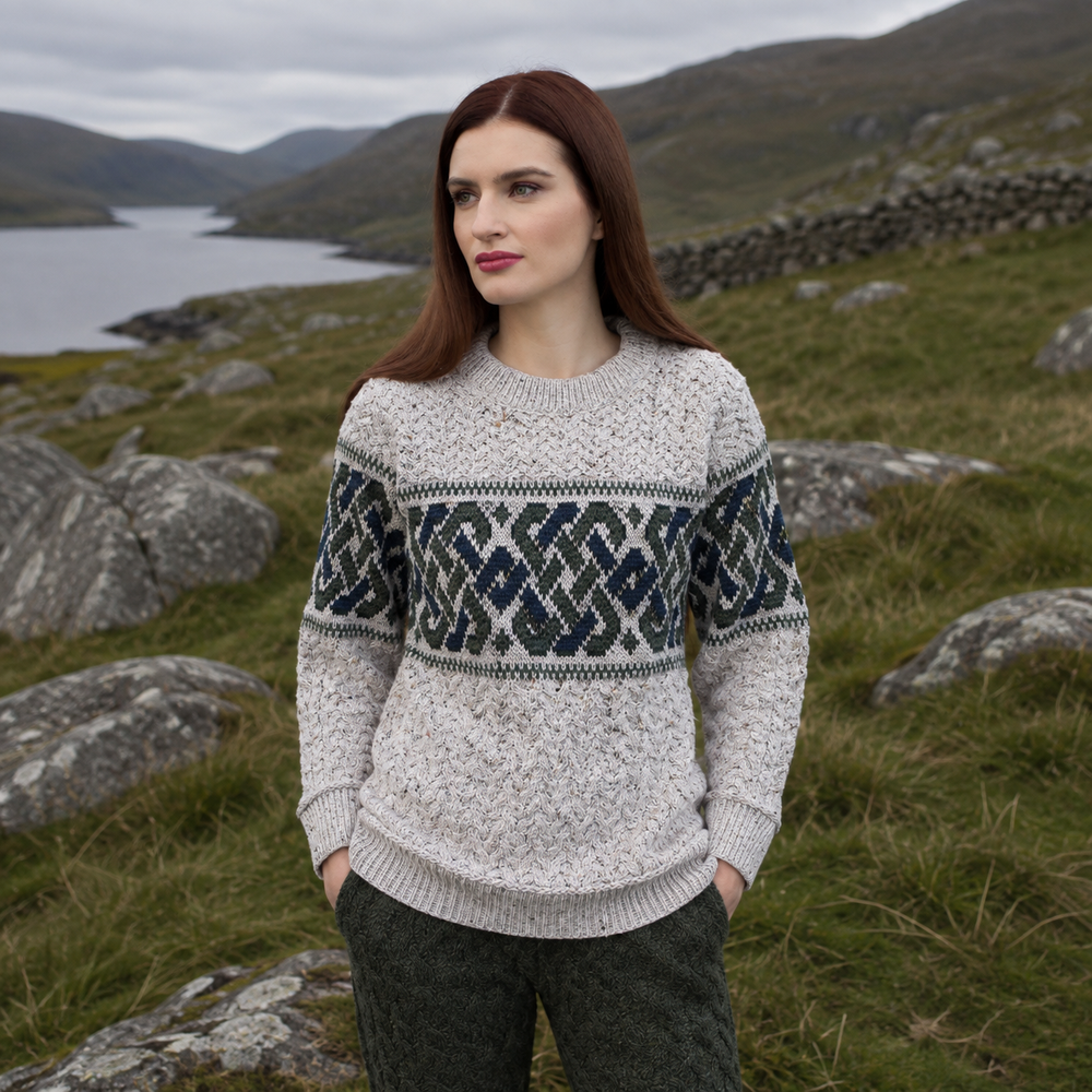 Aran Irish Celtic Crew Neck Sweater - Oatmeal (C5349)