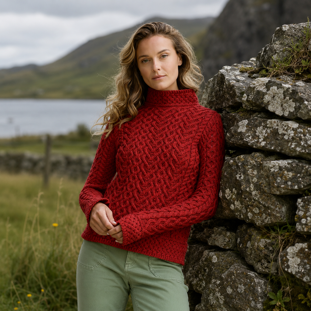 Aran Irish Women's Heart High Neck Sweater - Ruby (C4767)