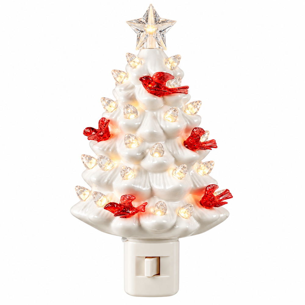 Nightlight - White Christmas Tree with Cardinals
