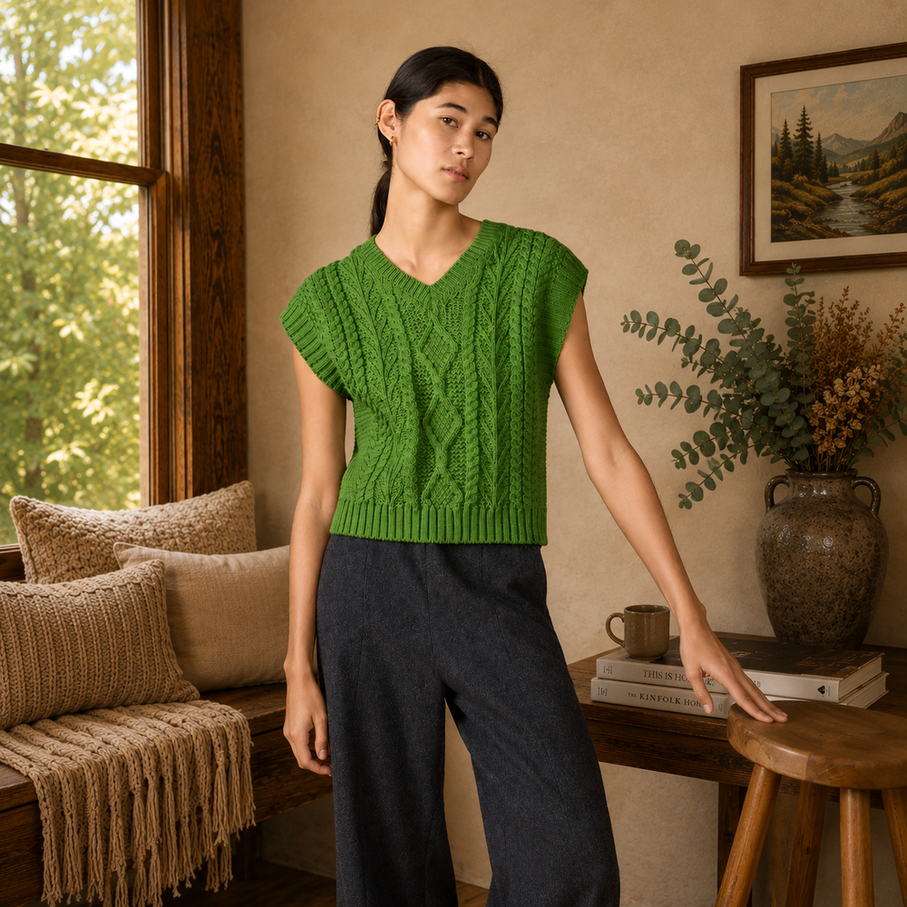 Irelands Eye Sweetpea V-Neck Diamond Vest - Moss (A947)