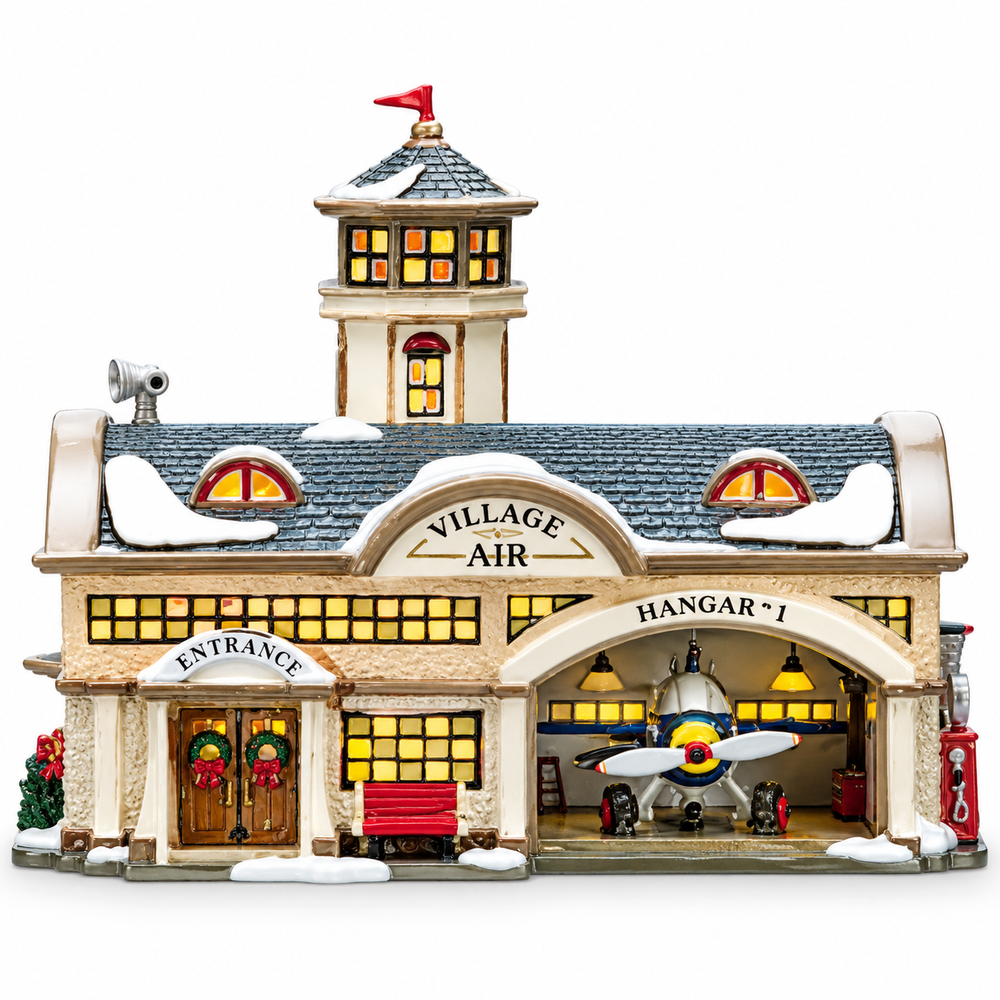 Department 56 The Original Snow Village Airport 56.54399 with control tower, airplane hangar and illuminated terminal