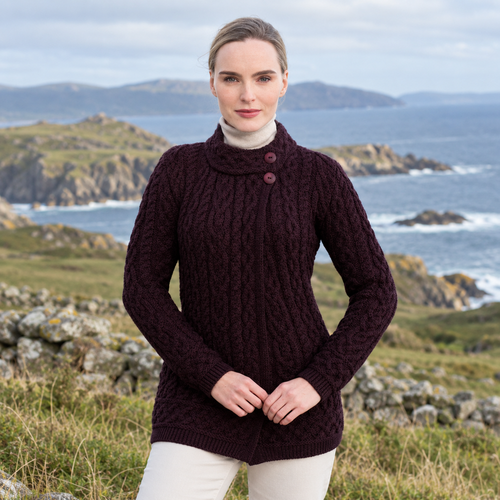 Aran Irish Women's Side Button Cardigan - Damson (X5071)