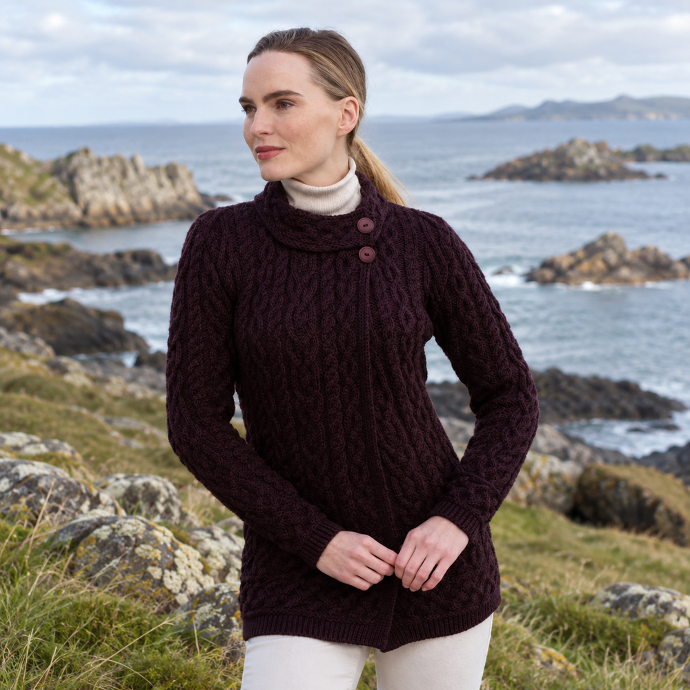 Aran Irish Women's Side Button Cardigan - Damson (X5071)