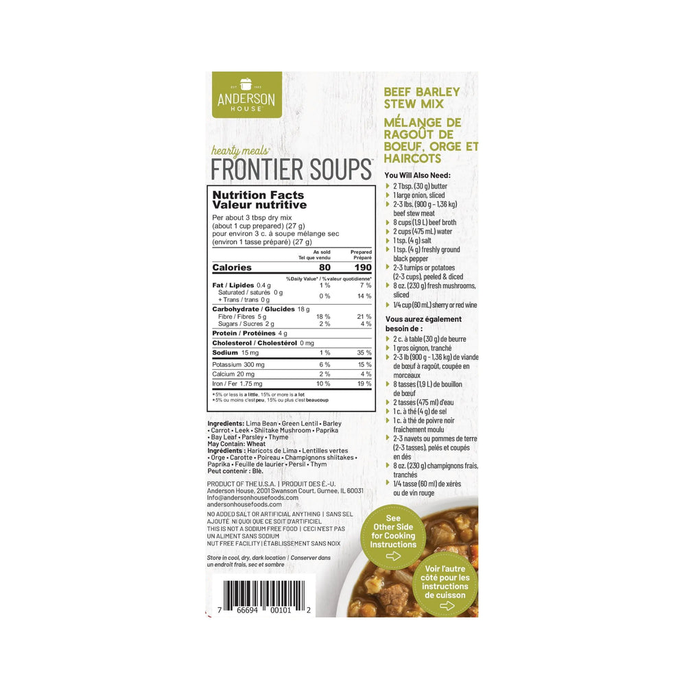 Frontier Beef Barley Bean Stew Soup Mix - 397 g