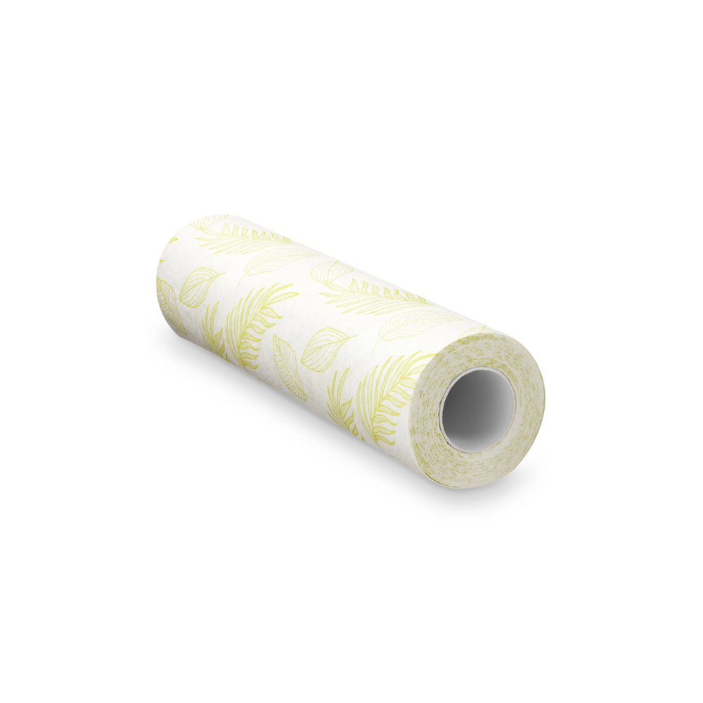 A roll of white reusable plant towels with a yellow floral pattern.