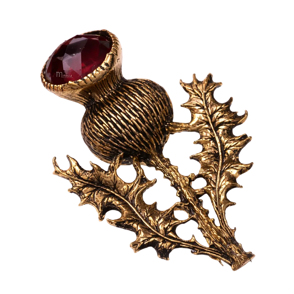 St Justin Antique Gold Single Thistle Brooch Ruby