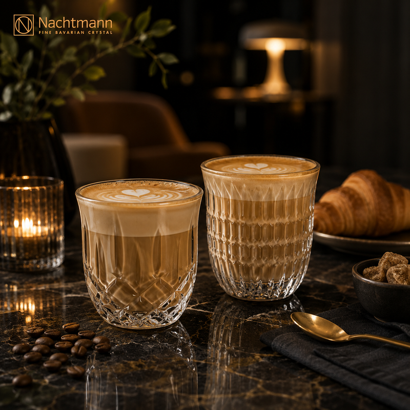 Nachtmann Barista crystal latte glasses filled with coffee and latte art in a warm café-inspired setting.