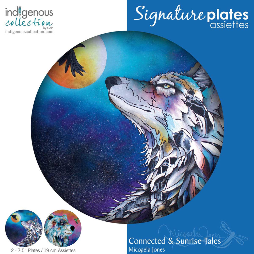 Indigenous Art Plates 7.5" – Connected & Sunrise Tales – Micqaela Jones Te-Moak