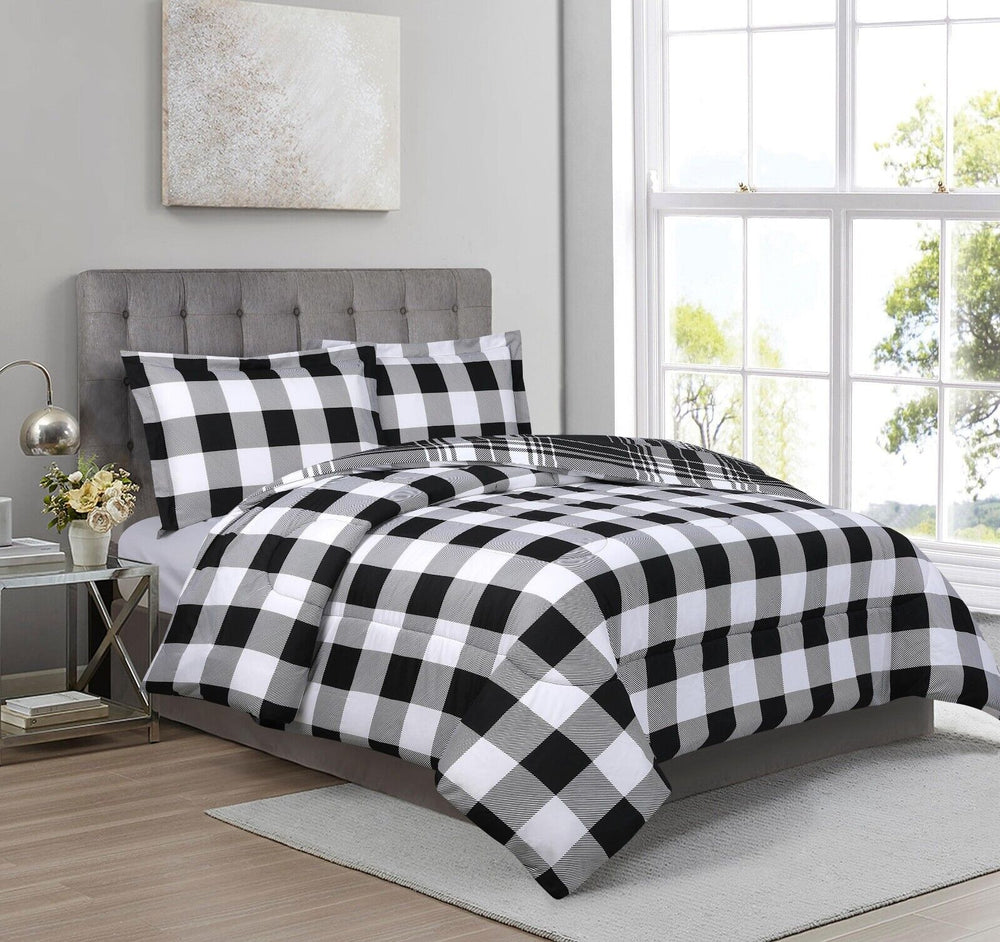 Reversible Black/White Buffalo Check 3 Pieces Comforter Set - King