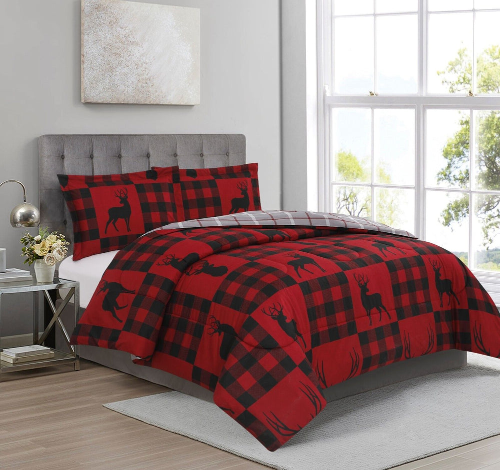 Reversible Deer/Red Buffalo Check 3 Pieces Comforter Set - Twin