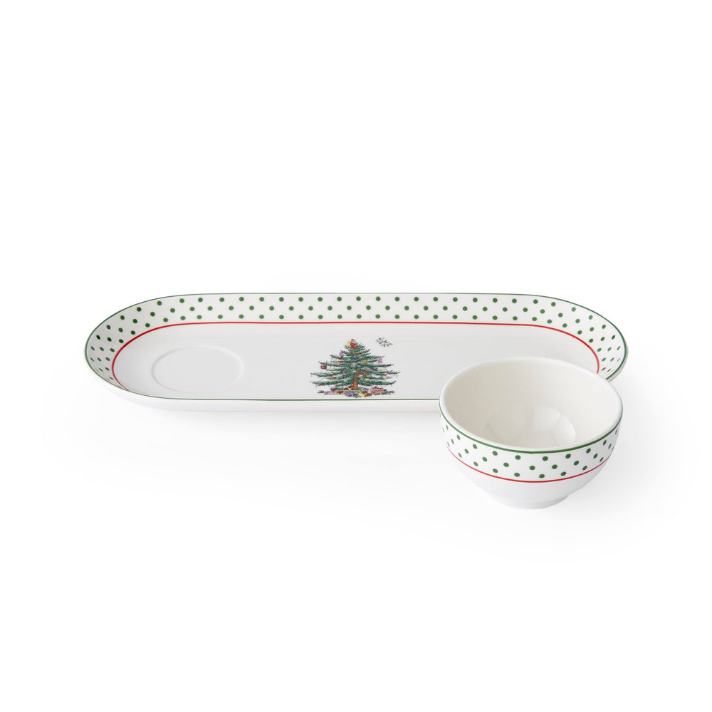 Spode Christmas Tree Polka Dot Oval Chip and Dip Set