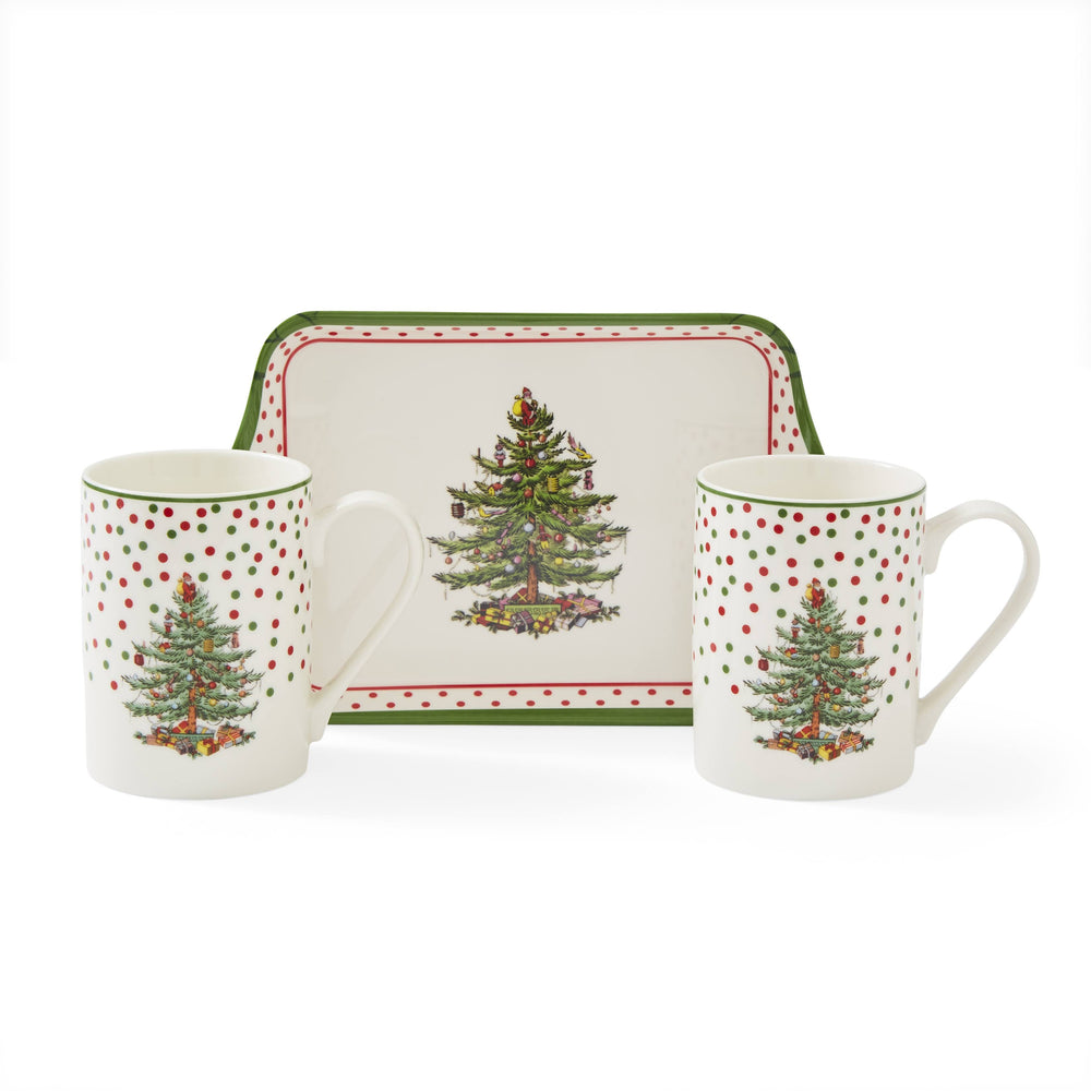 Spode Christmas Tree Polka Dot Tray & 2 Mugs