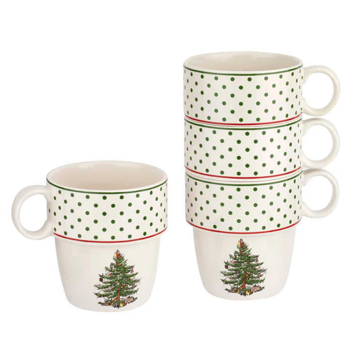 Spode Christmas Tree Polka Dot Stacking Mugs Set of 4