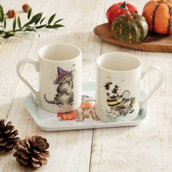 Wrendale Halloween Cat & Dog Mugs w/Tray