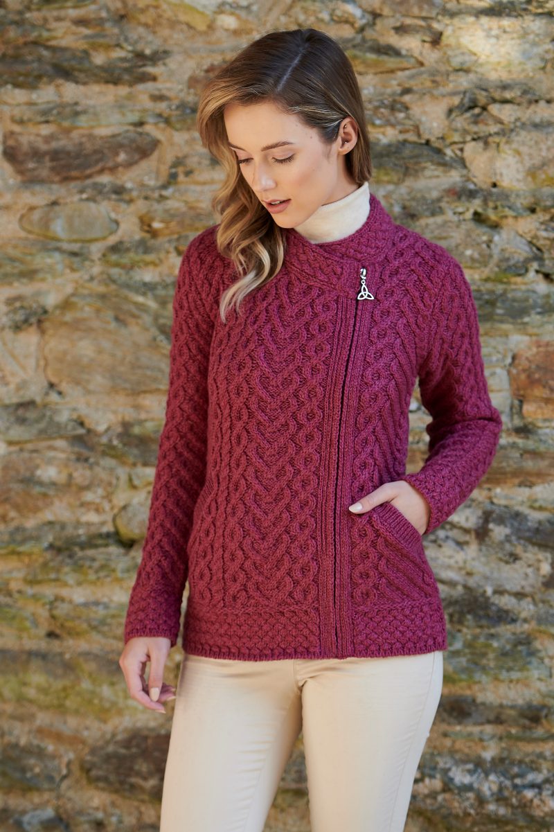 Aran Irish Side Zip Sweater Magenta (X4884)