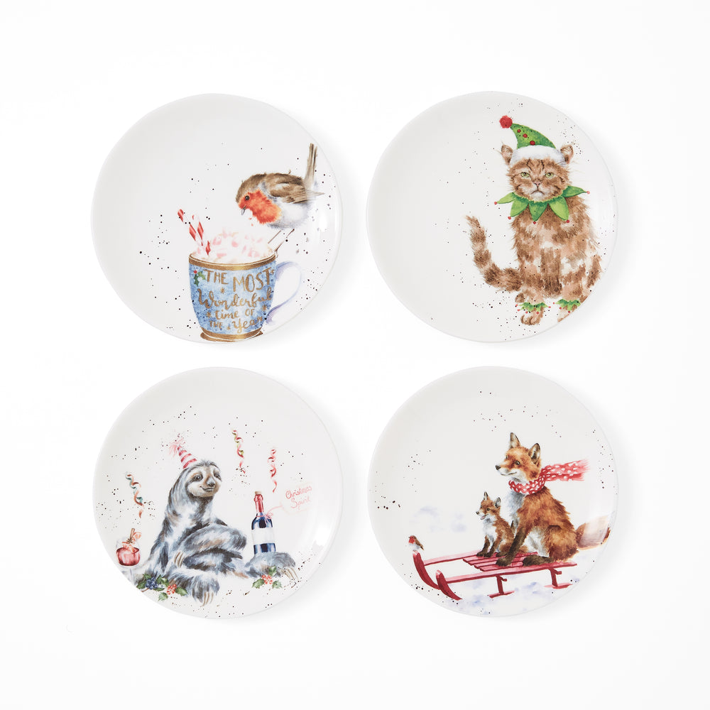 Wrendale Holiday Coupe Plate set/4 - Fox, Robin, Cat, Sloth