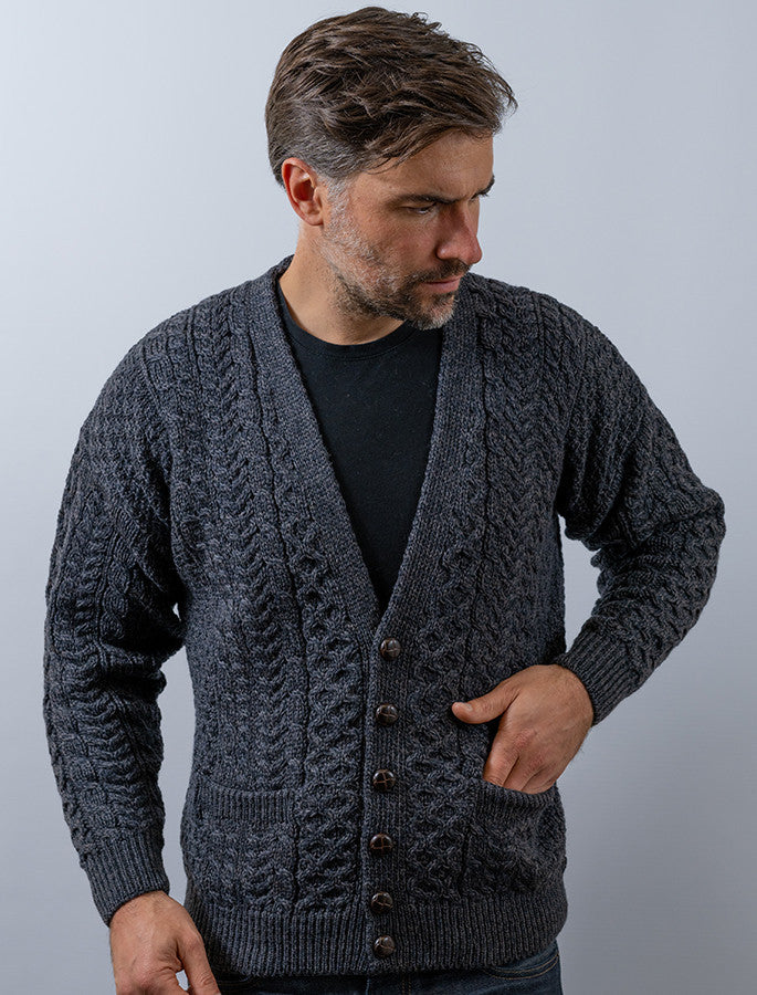 Aran Wool Men's Merino Buttoned Cardigan Sweater Derby Blue (A758 Derby)