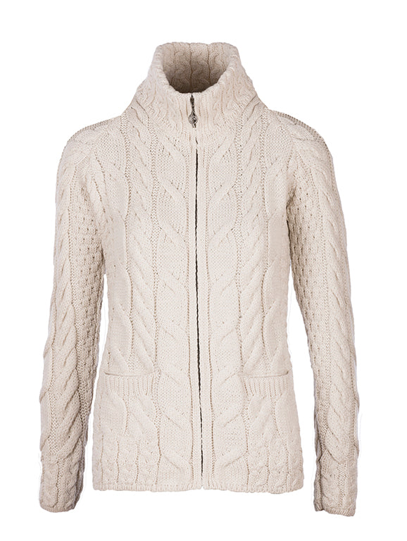 A beige zippered long sweater with a cable knit pattern.