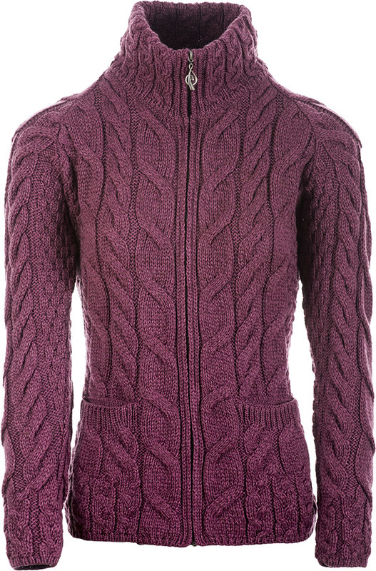 A purple zippered long-sleeved Aran wool sweater with a crew neckline and cable knit pattern.
