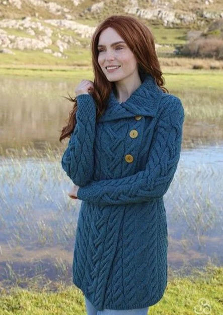 Aran Wool Merino 3 Buttoned Coat Sweater Irish Sea (B691 443)