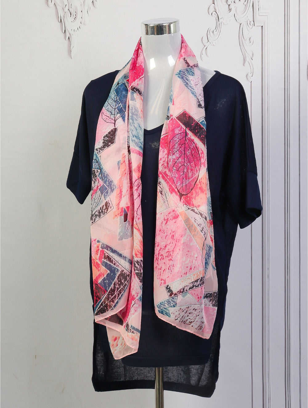 Grand-Silk-Like Loose Top with Matching Scarf -Navy & Pink (T1413-04)