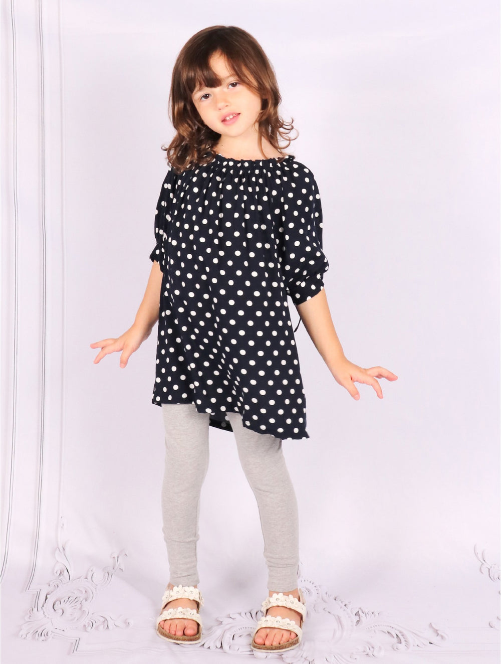 Grand-Kid's Off-Shoulder Printed Fashion Top-Black Polka Dots (CL15105M)