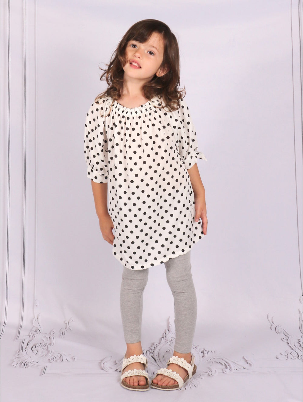 Grand-Kid's Off-Shoulder Printed Fashion Top-White Polka Dots (CL15106M)