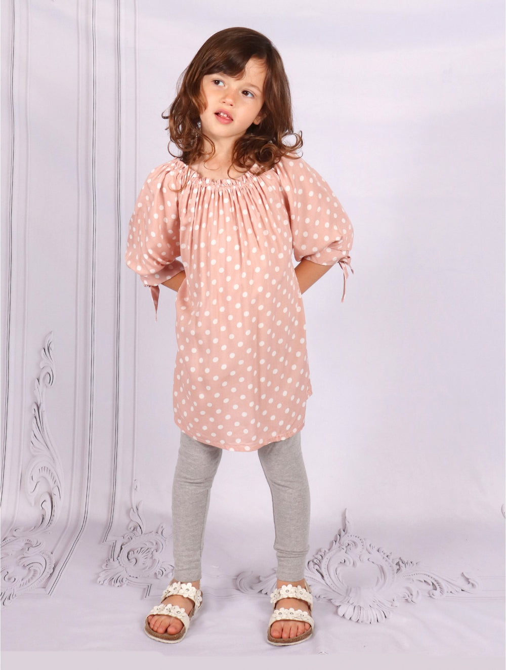 Grand-Kid's Off-Shoulder Printed Fashion Top-Pink Polka Dots (CL15107L)