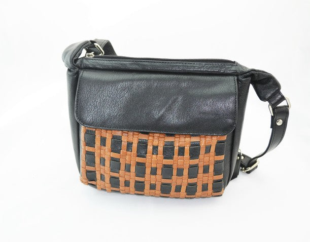 100% Indian Leather Black Cross Stitch Handbag (S-1651)