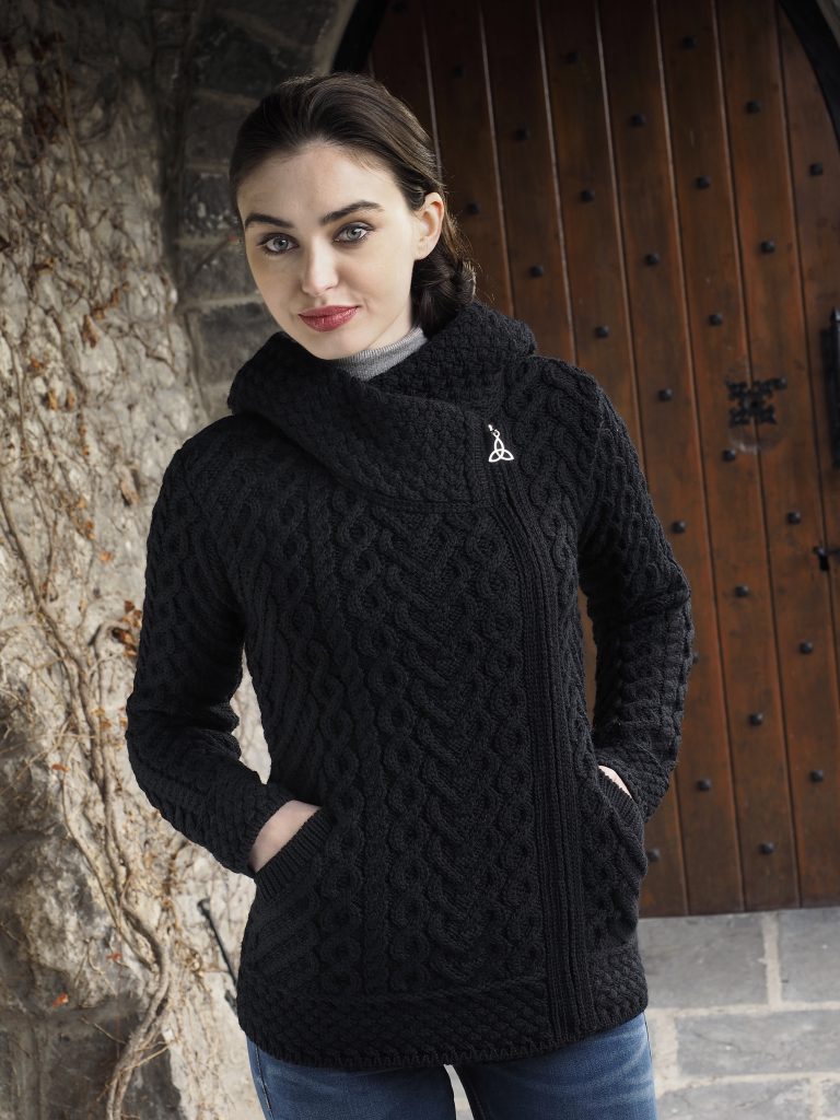 Aran Irish Side Zip Hooded Sweater Black (HD4916)