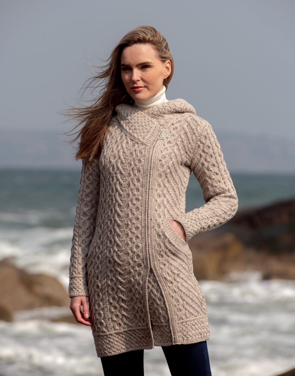 Aran Irish Side Zip Hooded Coat Sweater Parsnip (HD4918)