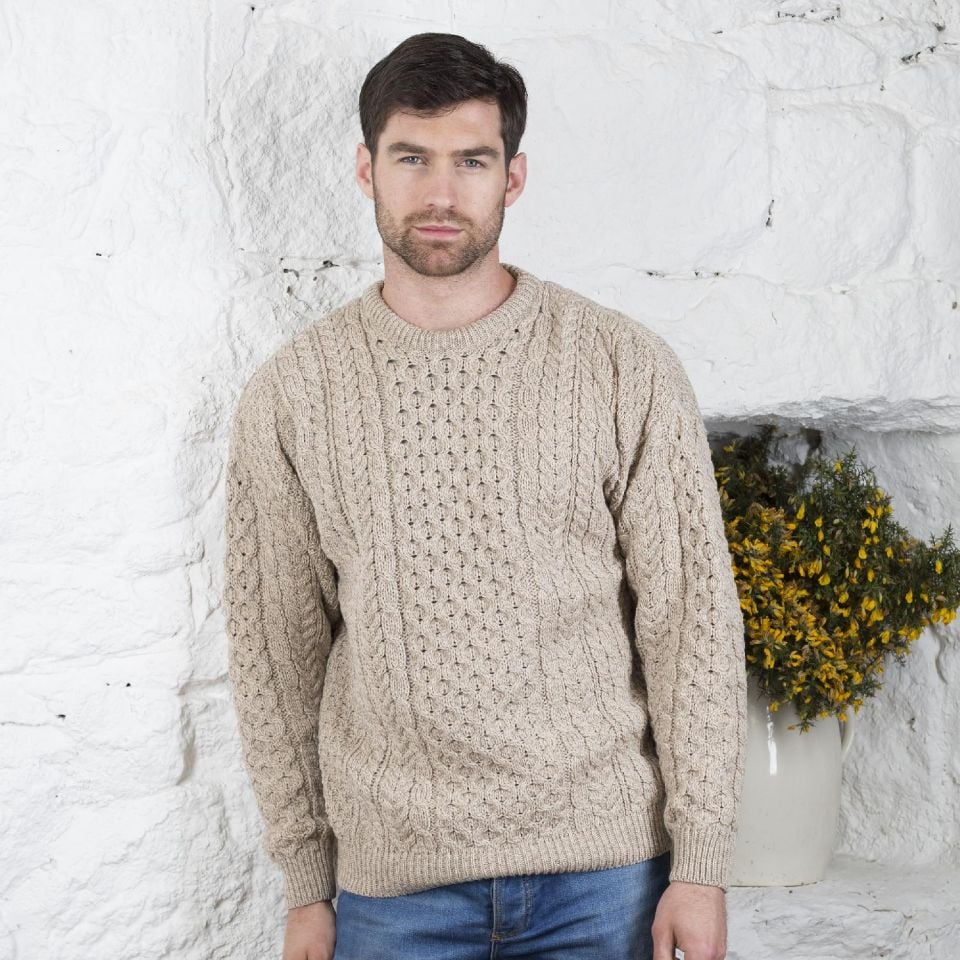 Aran Irish Men's Crew Neck Sweater Oatmeal (C1949)