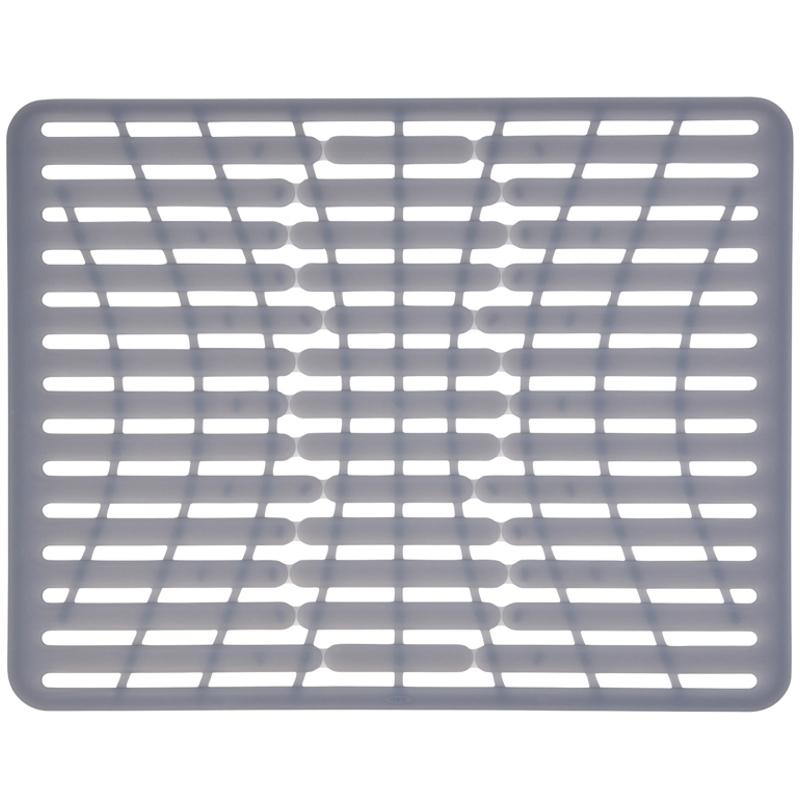 A large silicone sink mat in gray color with a grid-like pattern, designed to protect sinks and glasses from scratches.