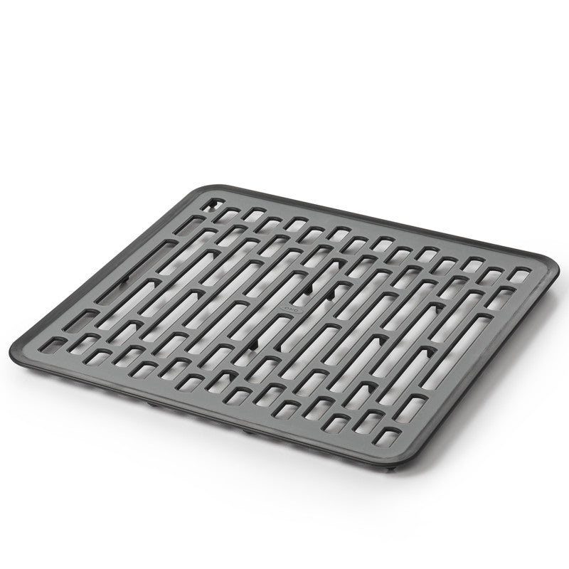 A gray silicone sink mat with a solid pattern and grid-like design, intended for use on kitchen sinks.