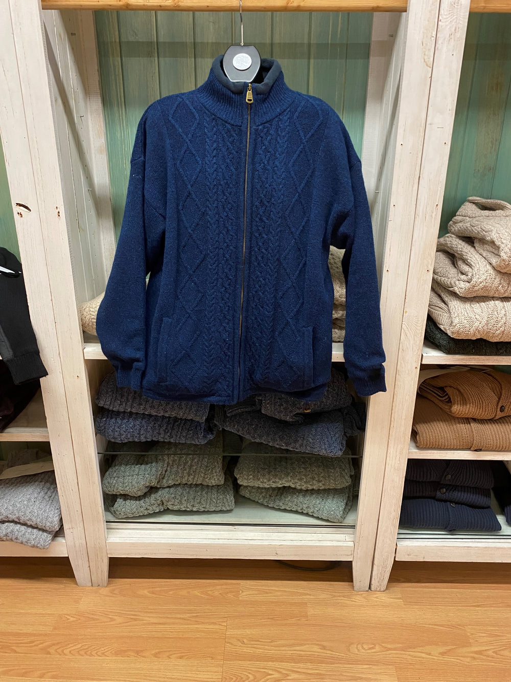 Aran Wool Lined Zippered Sweater Derby Blue(S361)