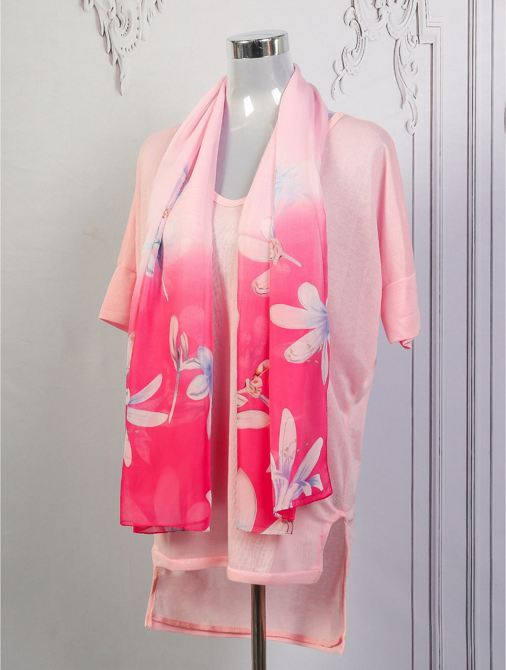 Grand-Silk-Like Loose Top with Matching Scarf -Light & Dark Pink (T1413-07)