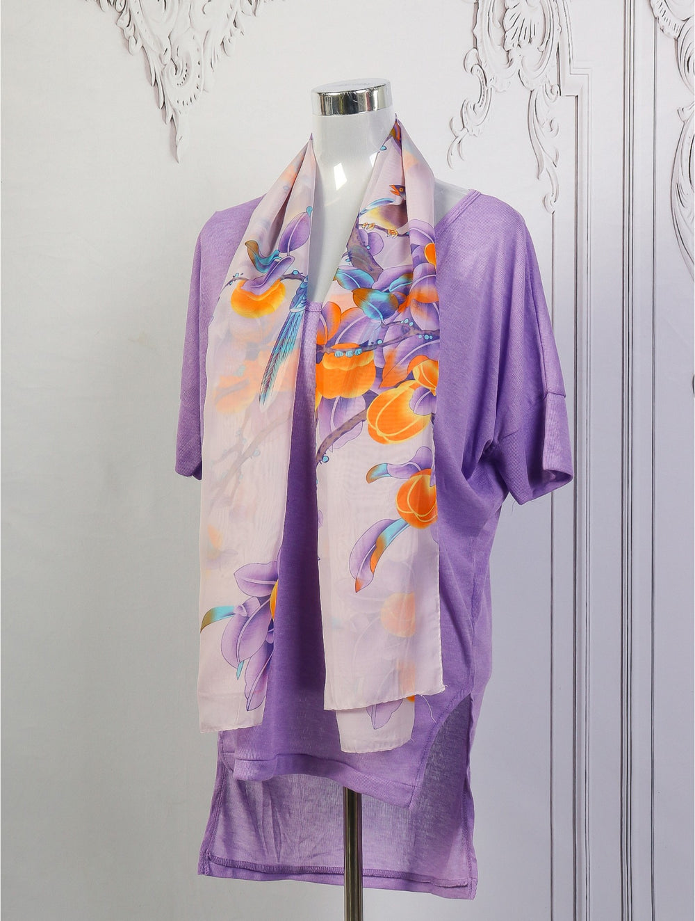 Grand-Silk-Like Loose Top with Matching Scarf -Purple & Mauve (T1413-08)