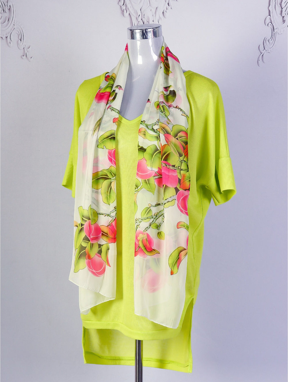 Grand-Silk-Like Loose Top with Matching Scarf -Lime & Light Green (T1413-11)