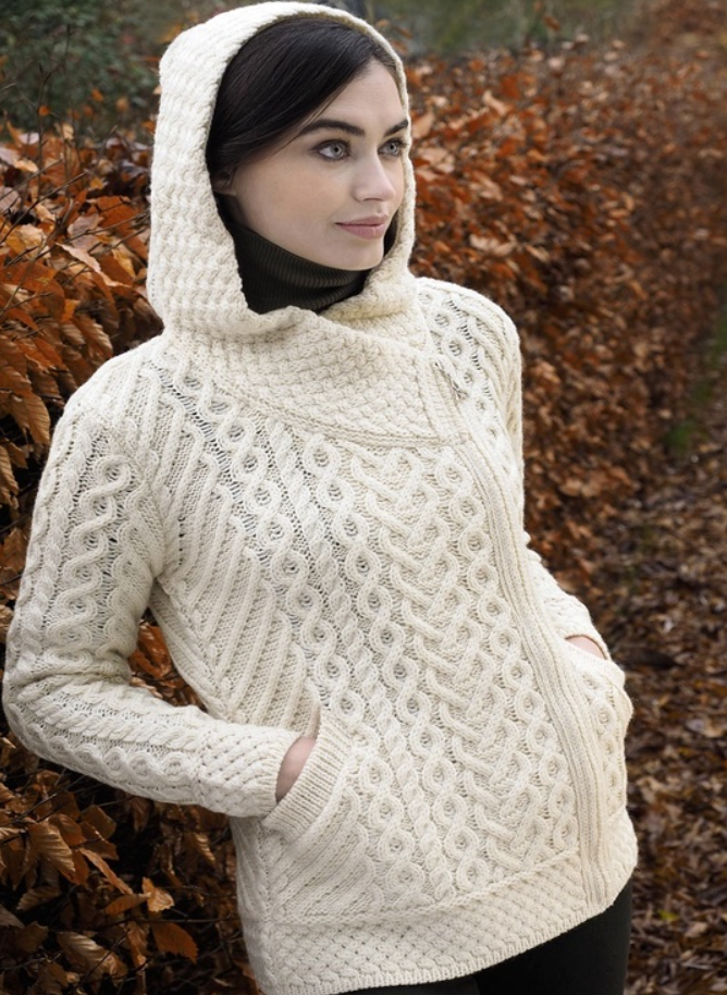 Aran Irish Side Zip Hooded Sweater Natural (HD4916)