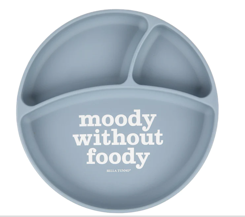 A gray silicone suction plate with three compartments and the text 'moody without foody' printed on it.