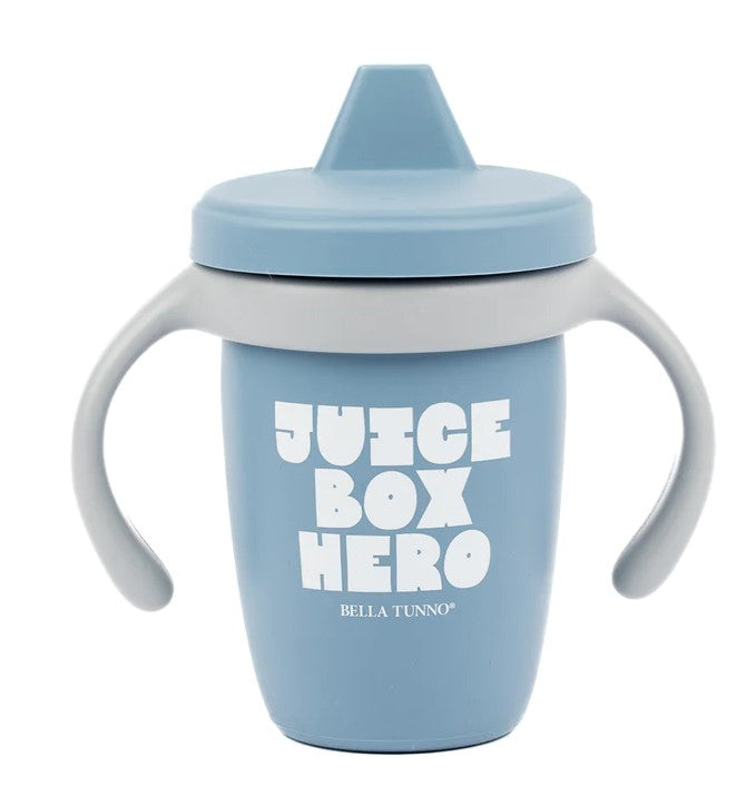 A blue sippy cup with gray handles and text 'JUICE BOX HERO' printed on it.